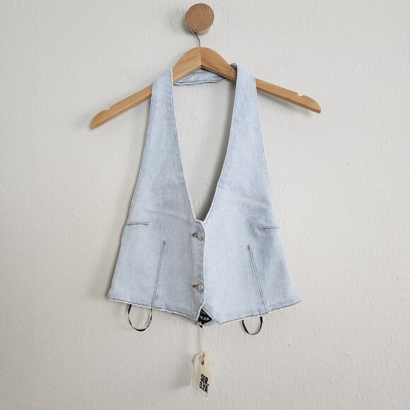 Ser.O.Ya Retrofete Manny Denim Halter Cropped Vest Blue L NWT - Picture 8 of 14